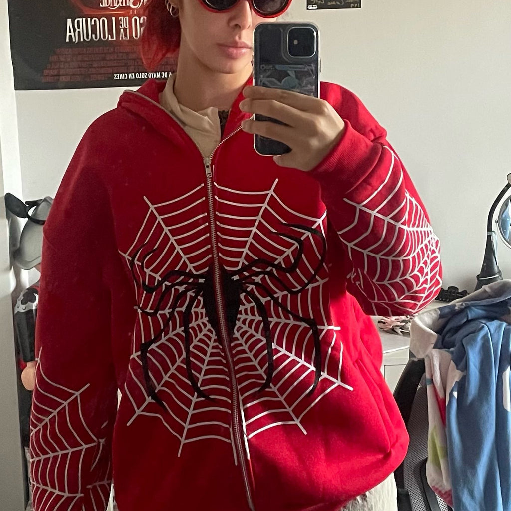 Autumn Winter Spider Web Printed Full Zip Hoodie | Streetwear