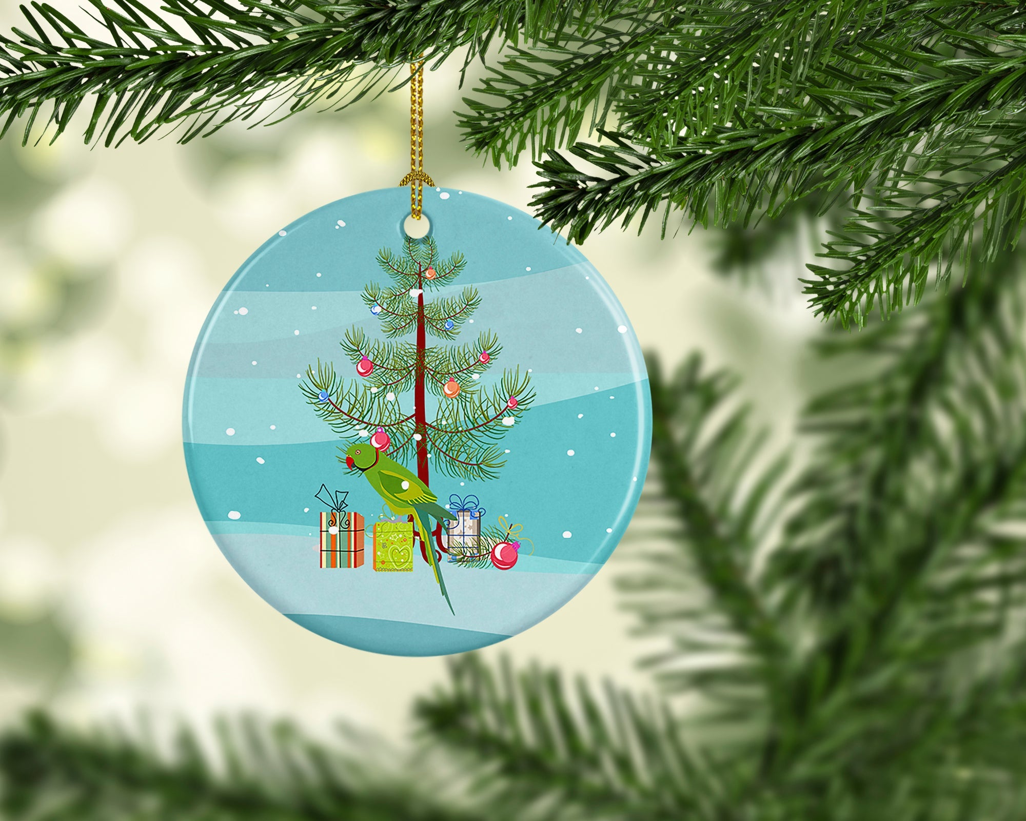 Ring-Necked Parakeet Merry Christmas Ceramic Ornament