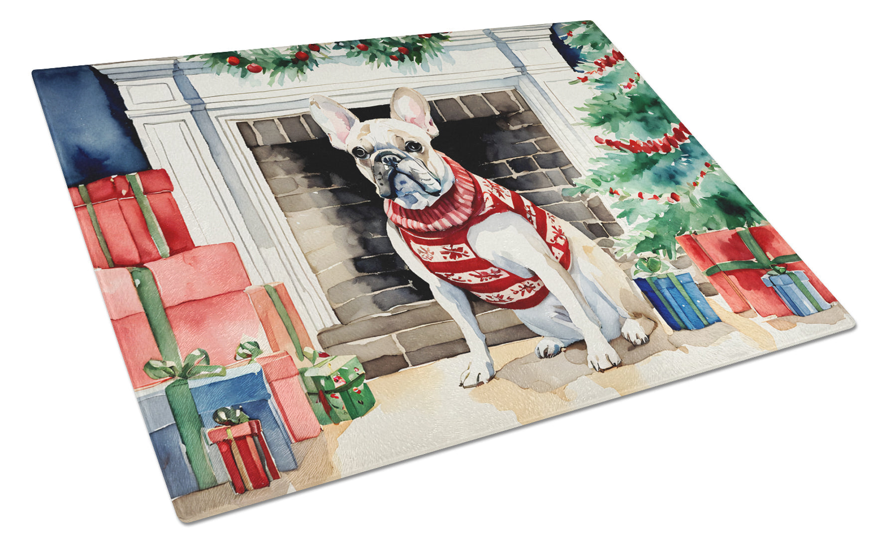 French Bulldog Cozy Christmas Glass Cutting Board