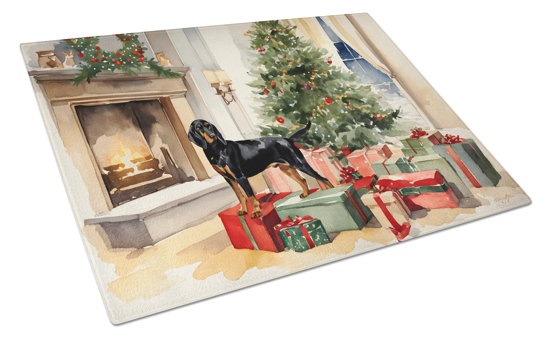 Black and Tan Coonhound Cozy Christmas Glass Cutting Board