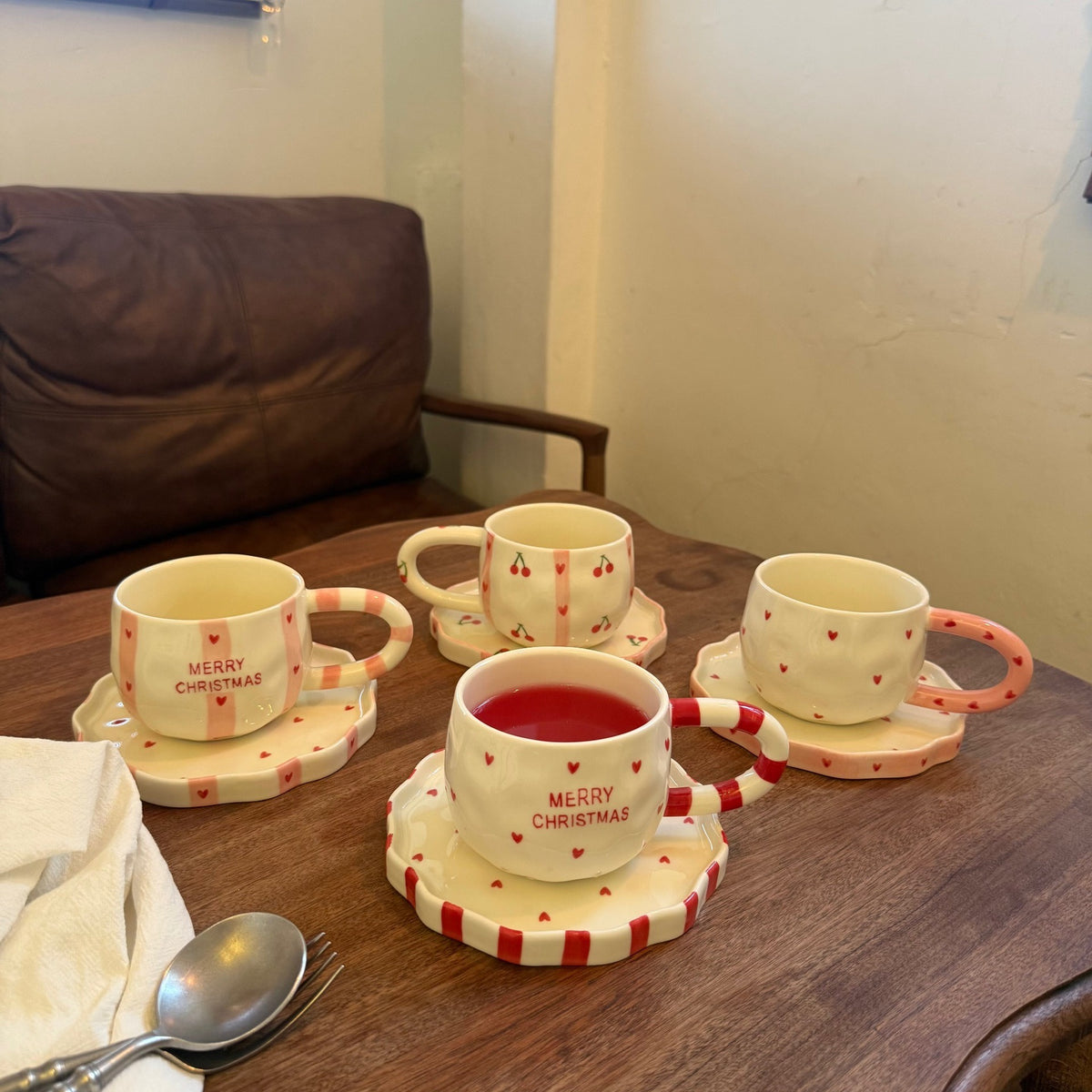 Hand-Painted Christmas Ceramic Coffee Cup & Saucer