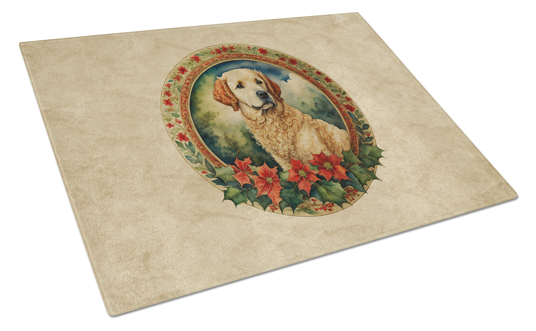 Kuvasz Christmas Flowers Glass Cutting Board