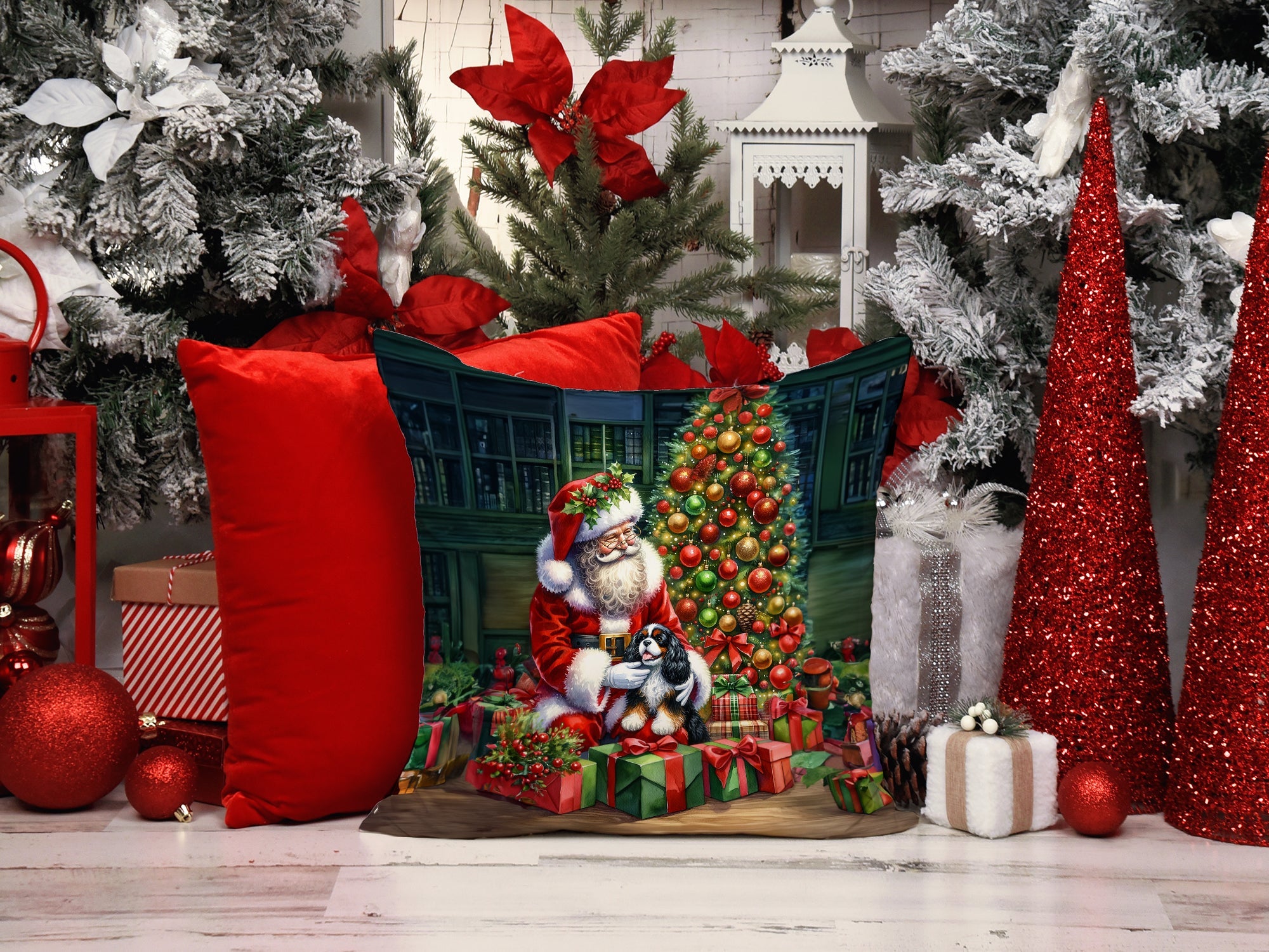 Cavalier Spaniel and Santa Claus Throw Pillow