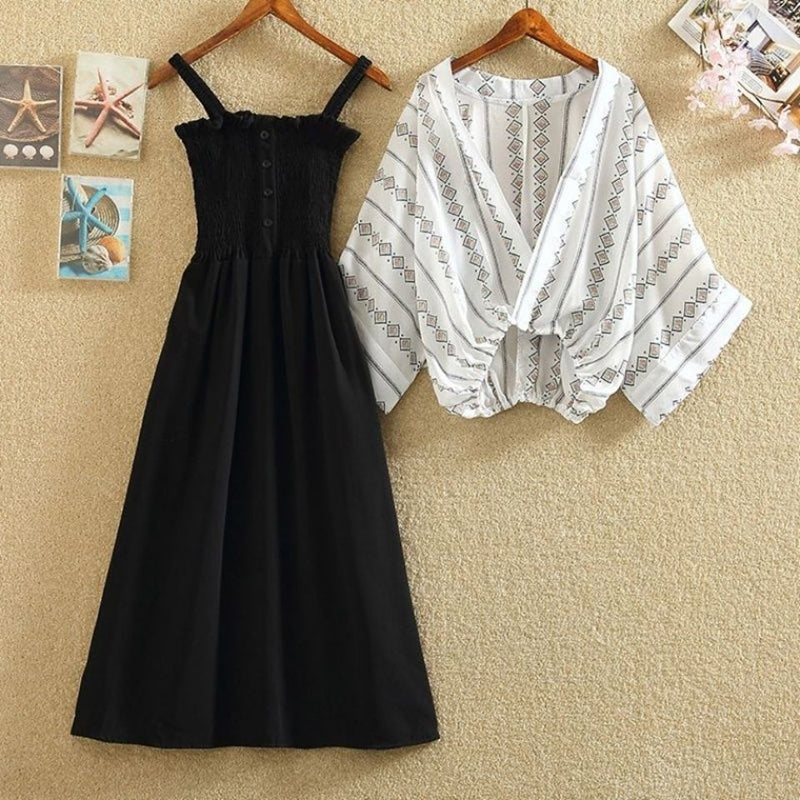 Korean Retro Summer Suit with Shawl Cardigan (Two-Piece)