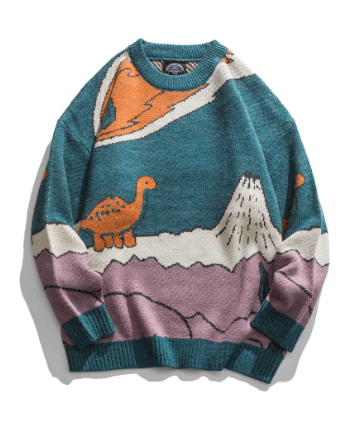 Loose Fit Patterned Jacquard Round Neck Sweater