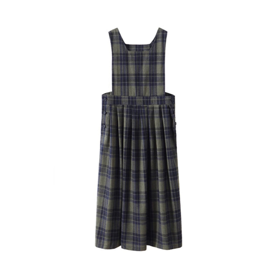 Vintage Green Plaid Wool Back Strap Matte Dress
