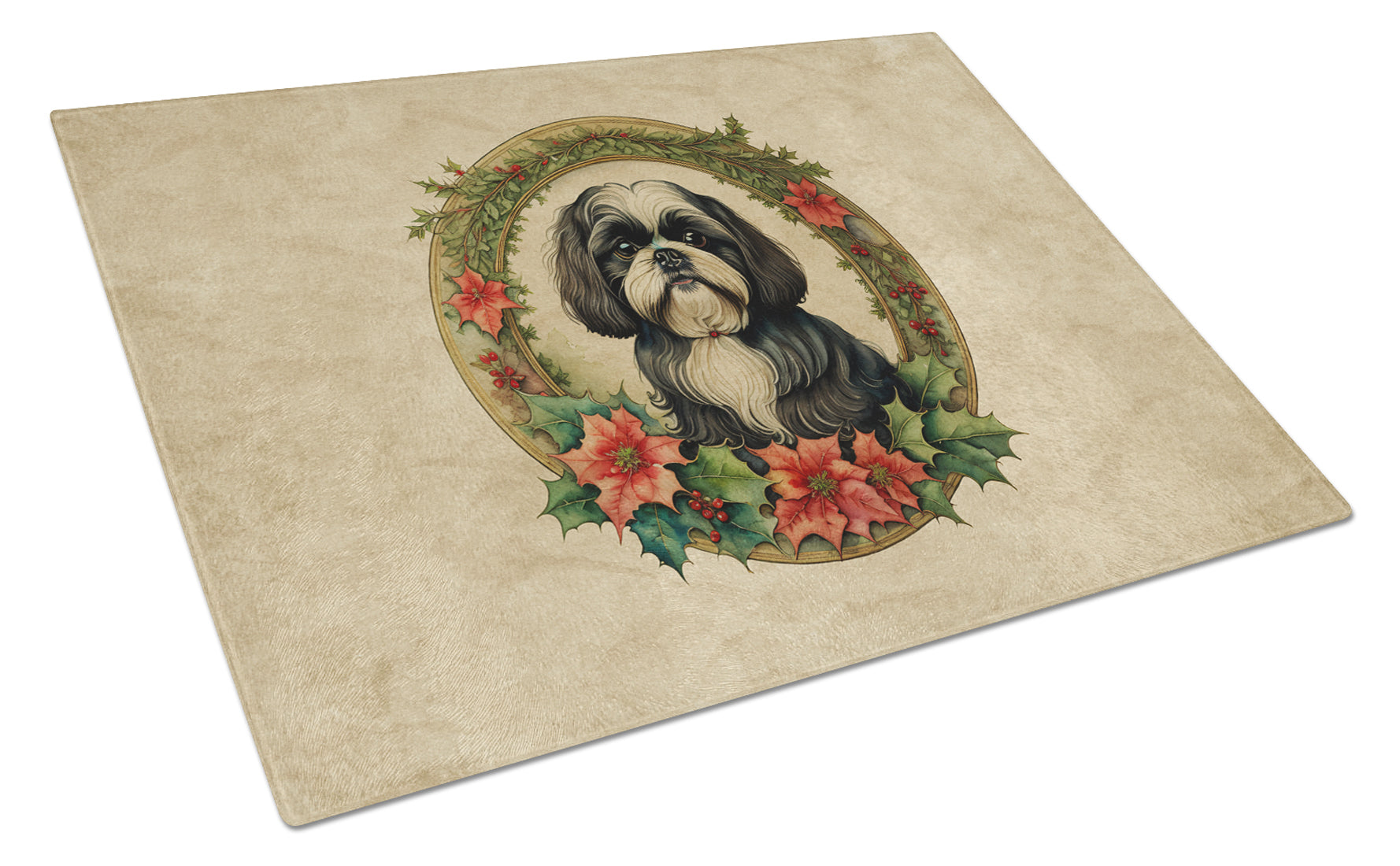 Shih Tzu Christmas Flowers Glass Cutting Board