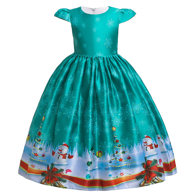 Girls' Long Santa Print Dress for Christmas