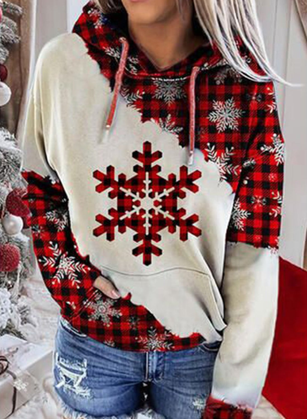 Christmas Print Contrast Hoodie Sweater | Streetwear