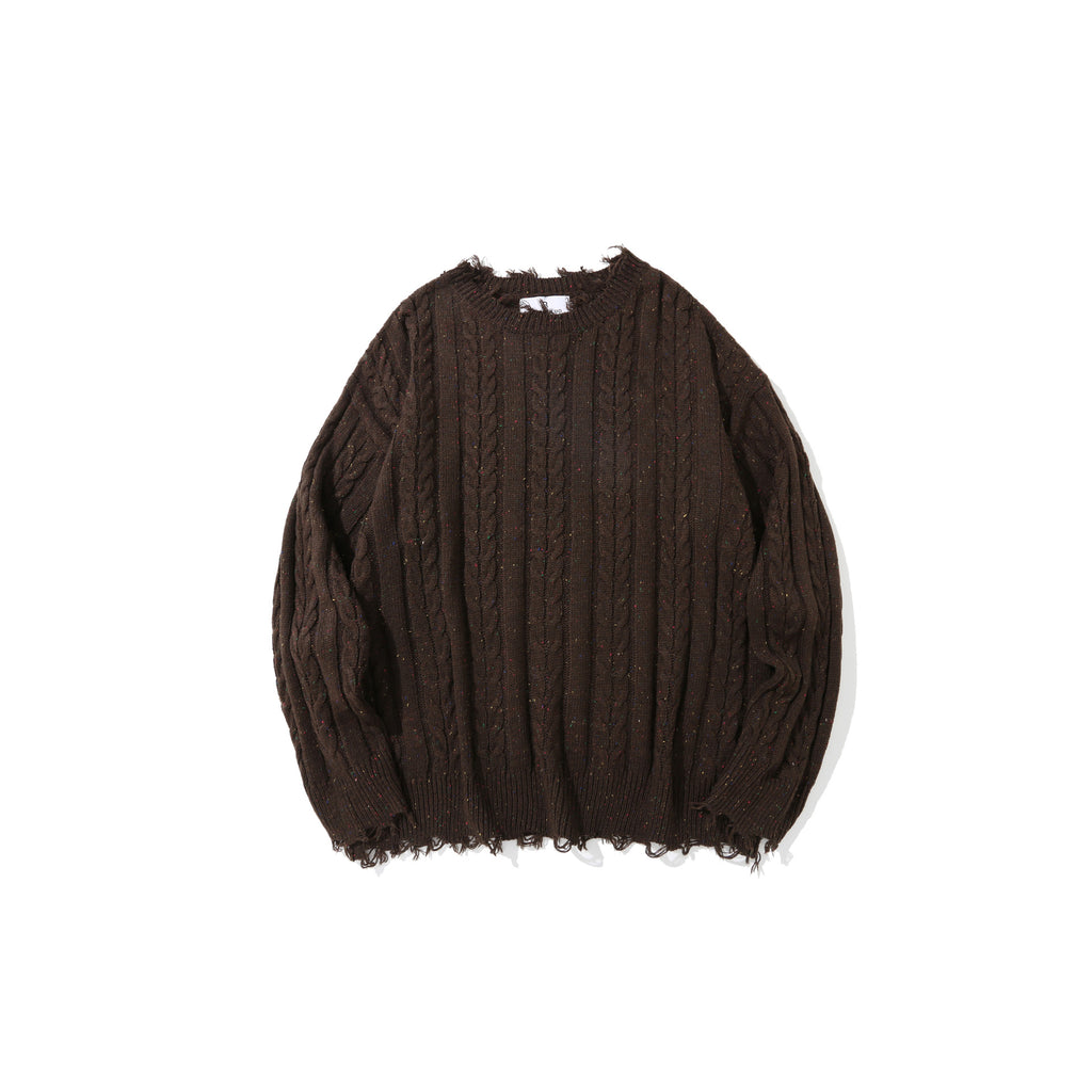 Men's High Street Pure Color Jacquard Ripped Sweater