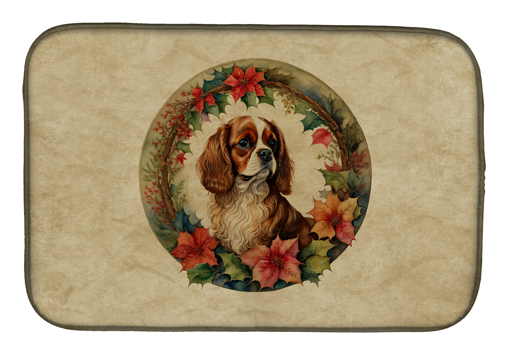 Cavalier Spaniel Christmas Flowers Dish Drying Mat