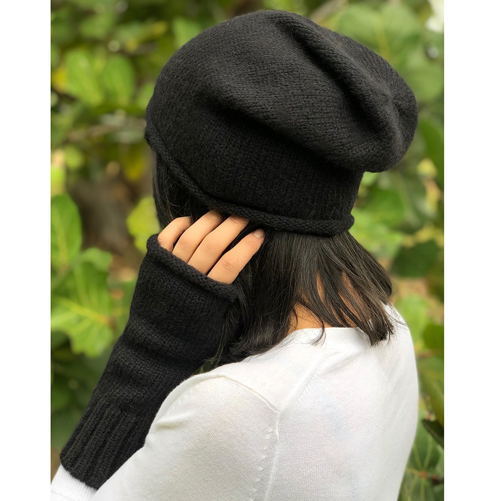 Black Essential Knit Alpaca Beanie | Embroidered Cap