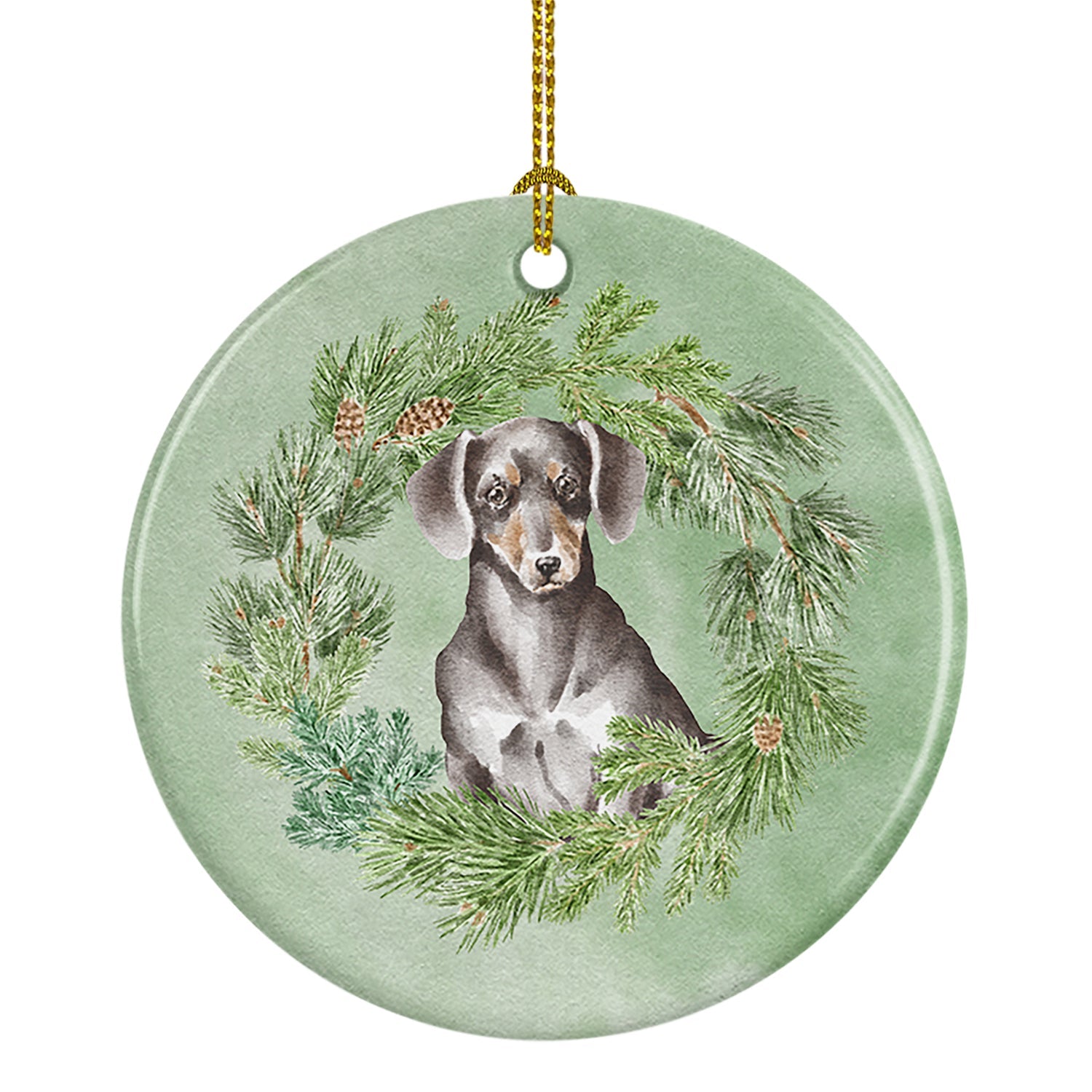 Dachshund Black and Tan Christmas Wreath Ceramic Ornament