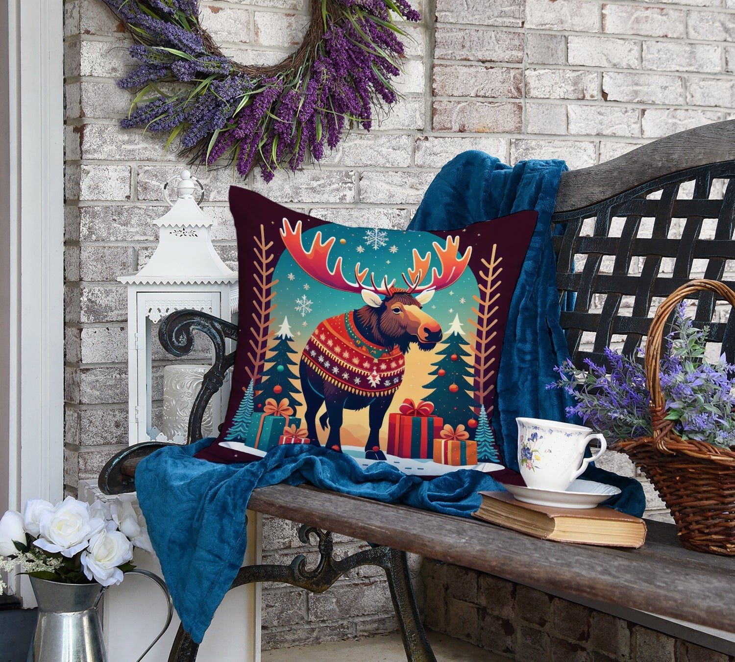Moose Christmas Throw Pillow