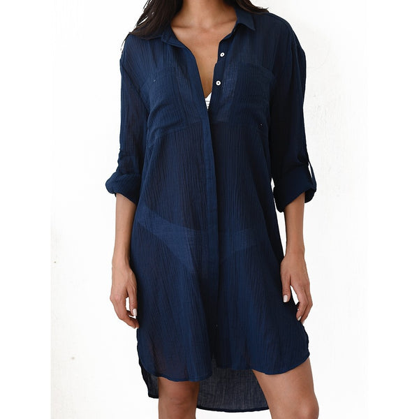Bark Textured Two-Pocket Beach Cover-Up Shirt