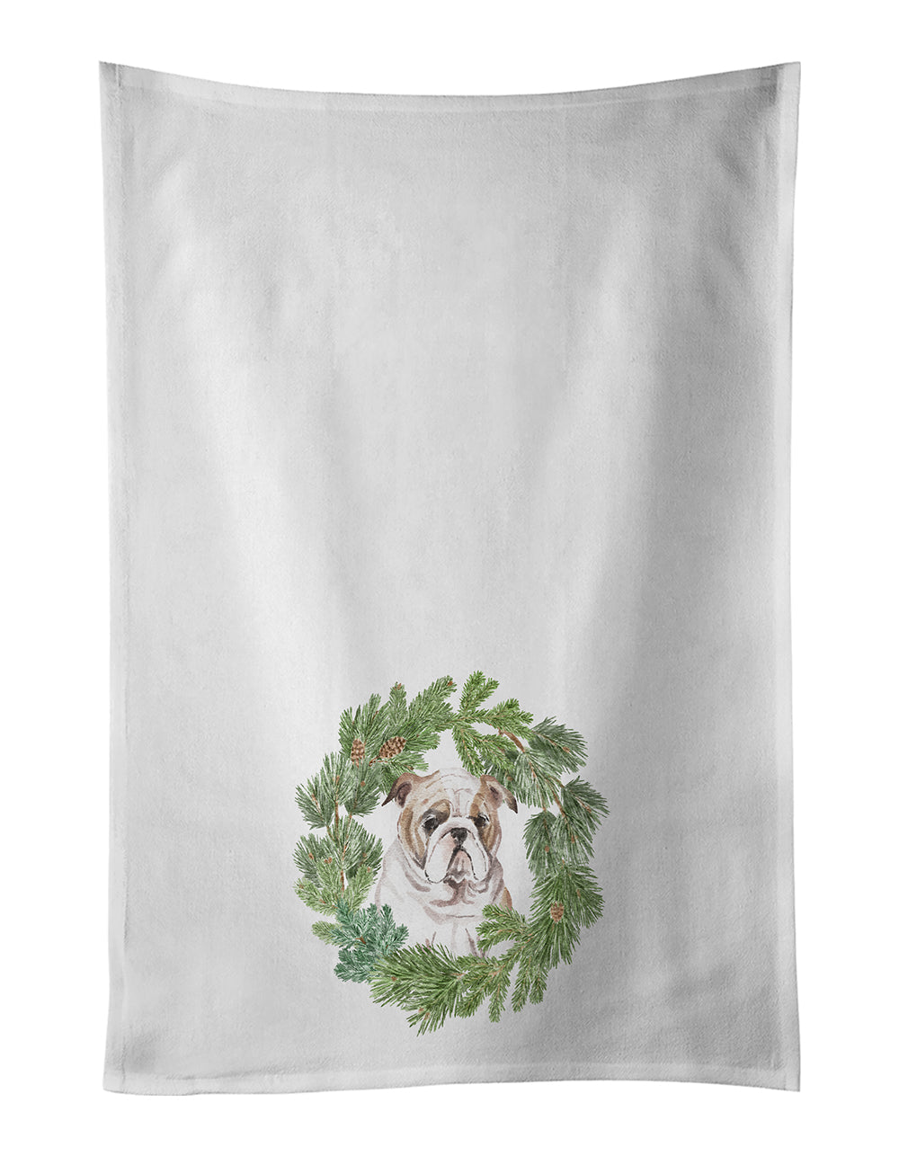 Bulldog Puppy Fawn Christmas Wreath Kitchen Towel Set of 2