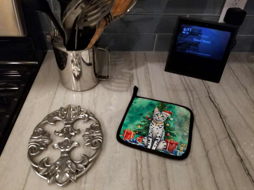Egyptian Mau Cat By the Christmas Tree Pair of Pot Holders