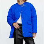 Casual Loose Blue Round Neck Cotton Coat for Women