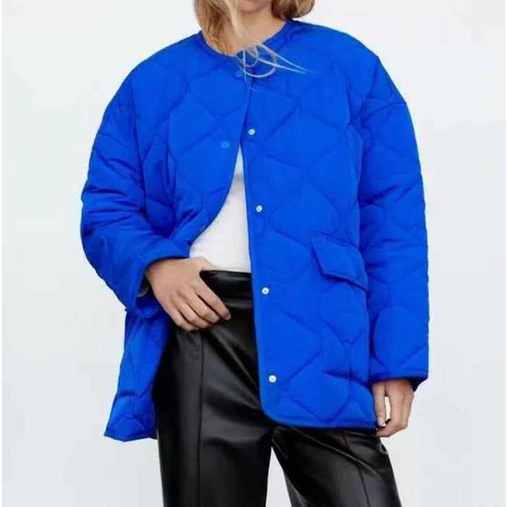 Casual Loose Blue Round Neck Cotton Coat for Women