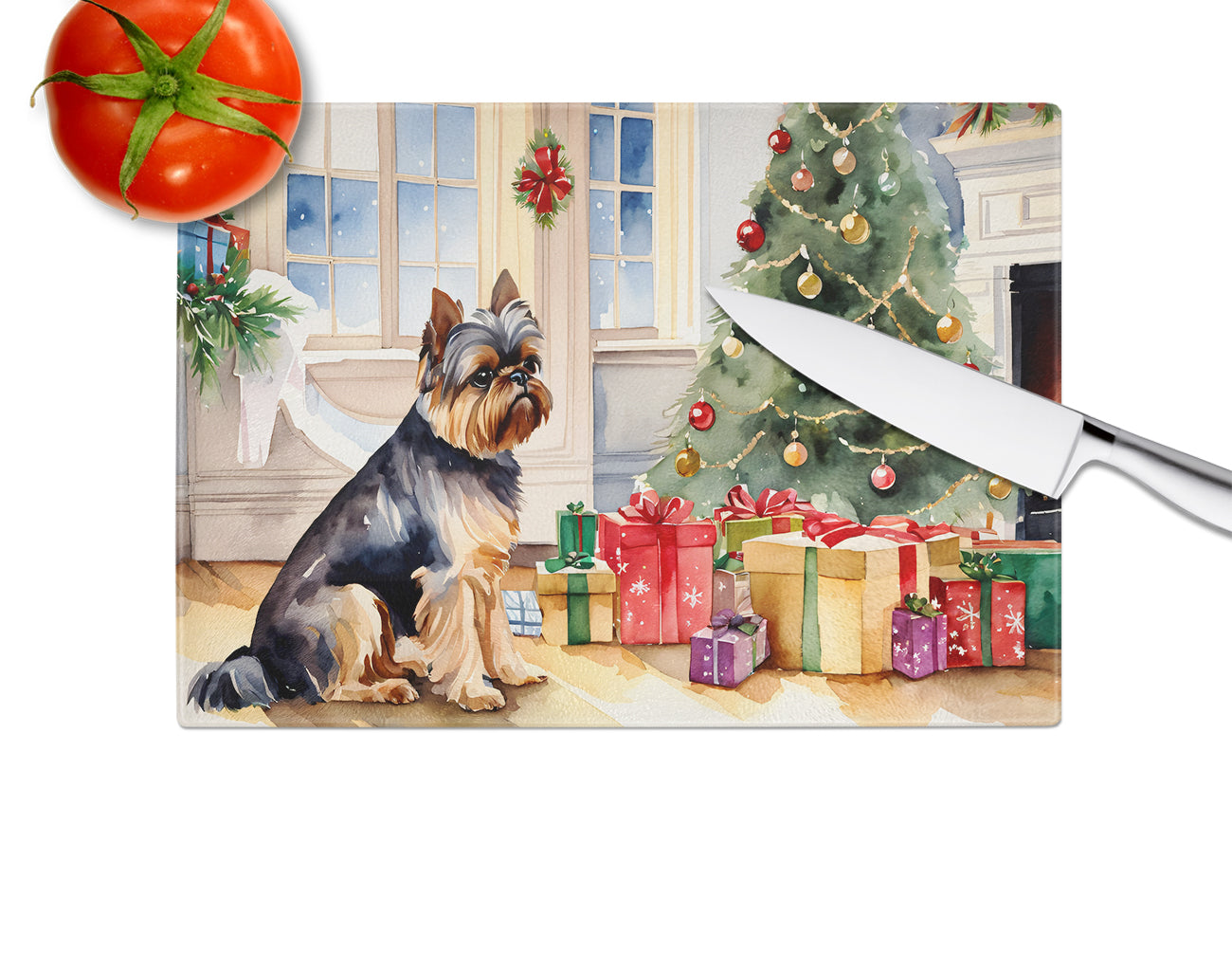 Brussels Griffon Cozy Christmas Glass Cutting Board