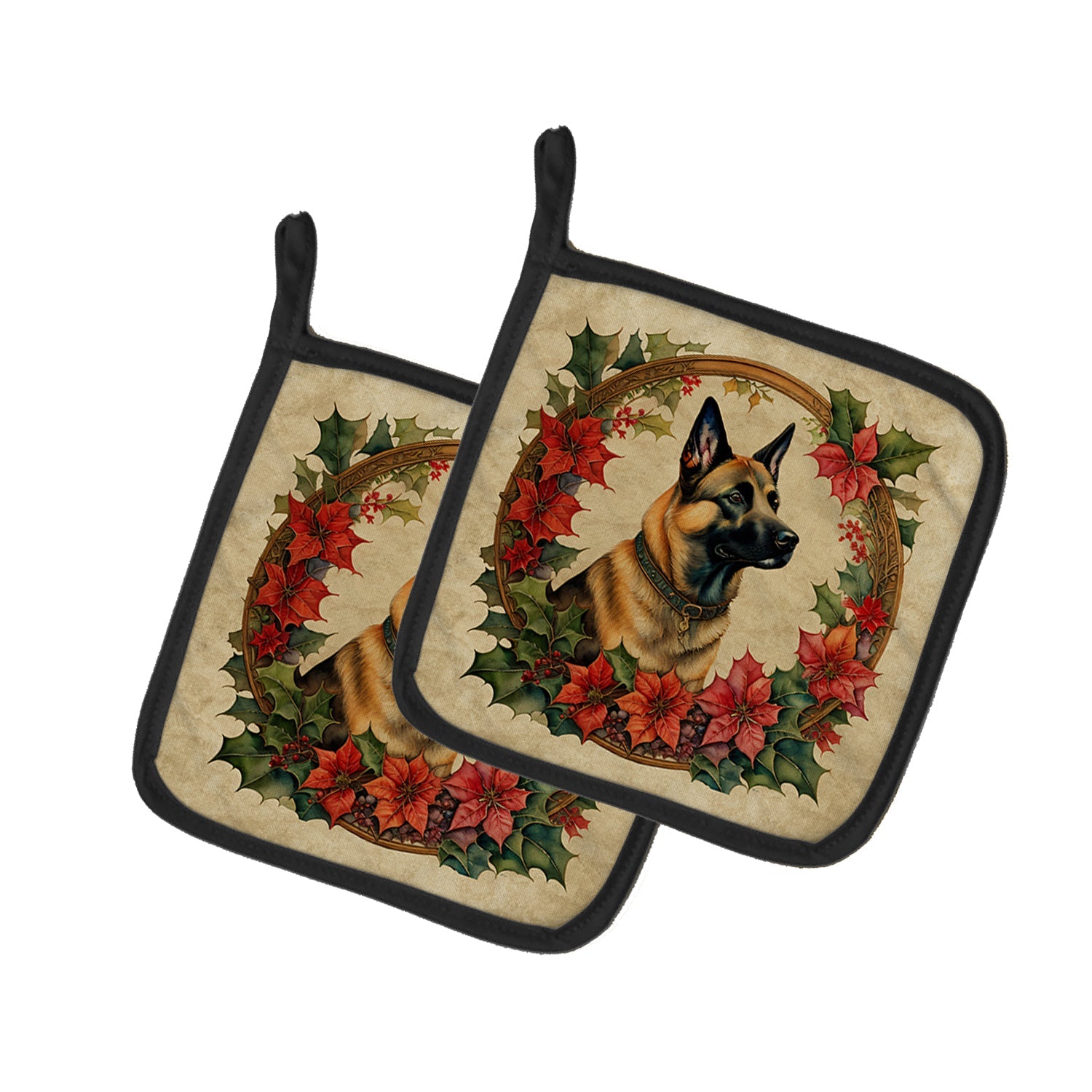 Belgian Malinois Christmas Flowers Pair of Pot Holders