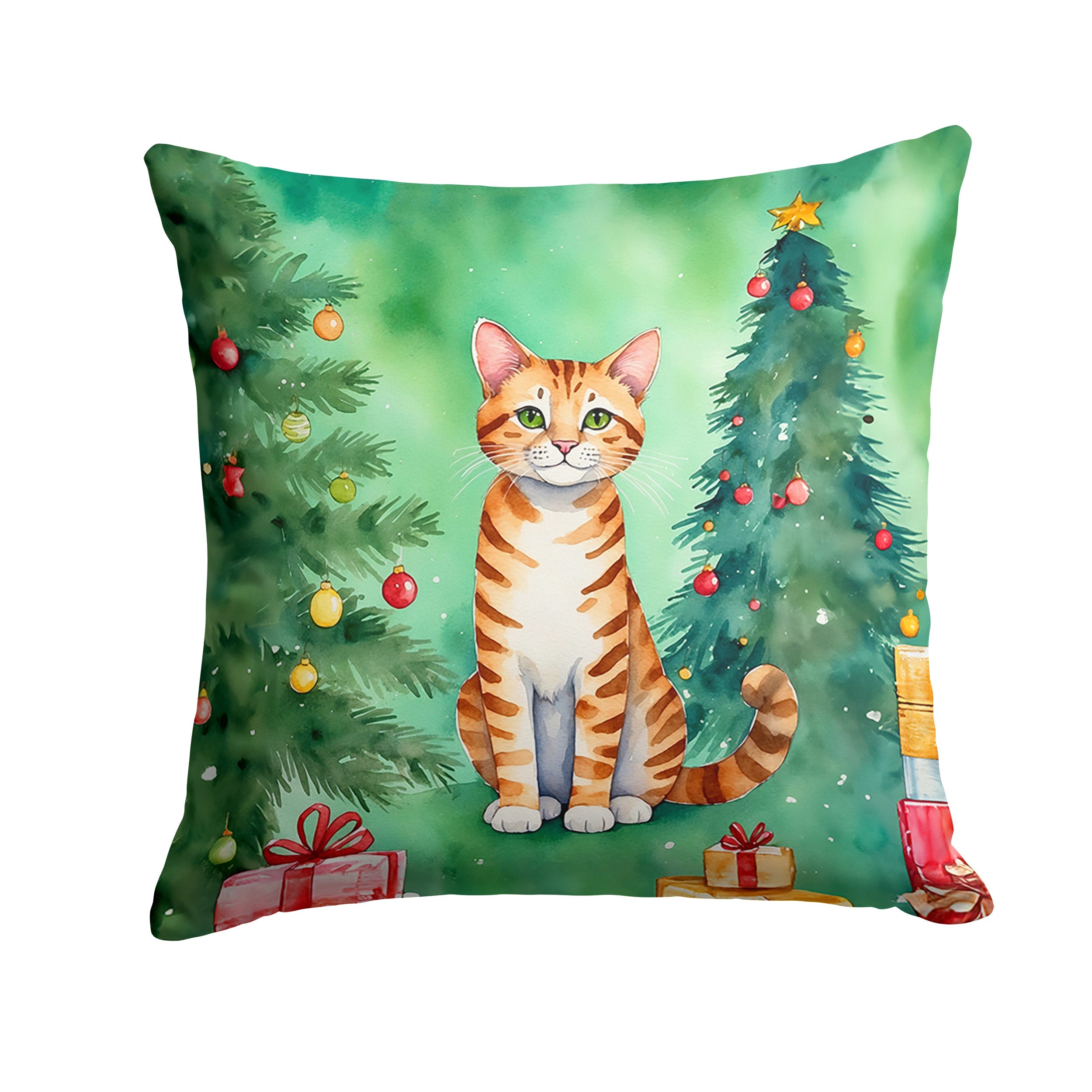 Safari Cat By the Christmas Tree Throw Pillow