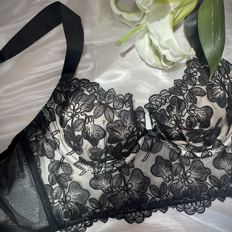 French Lace Long-Line Bra Set with Embroidery (Comfort Fit)