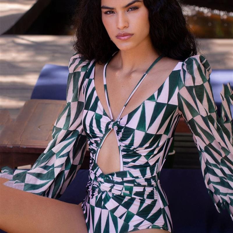 Long-Sleeve Tropical Print One-Piece Swimsuit