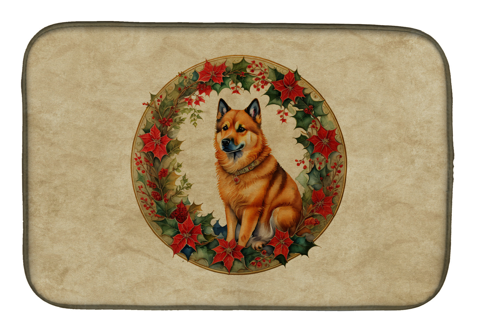 Finnish Spitz Christmas Flowers Dish Drying Mat