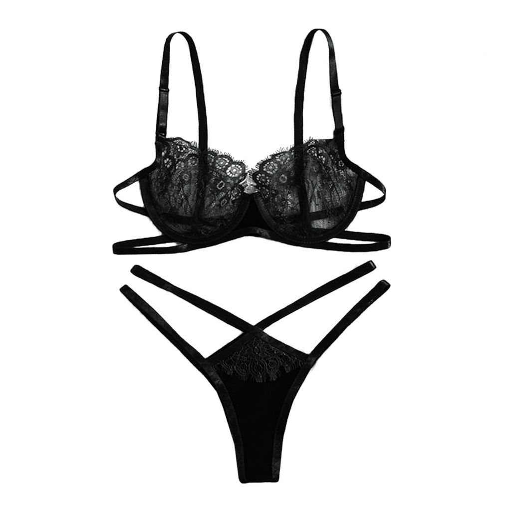 Women's Sheer Lace Strappy Bra and Thong Lingerie Set