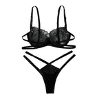 Women's Sheer Lace Strappy Bra and Thong Lingerie Set