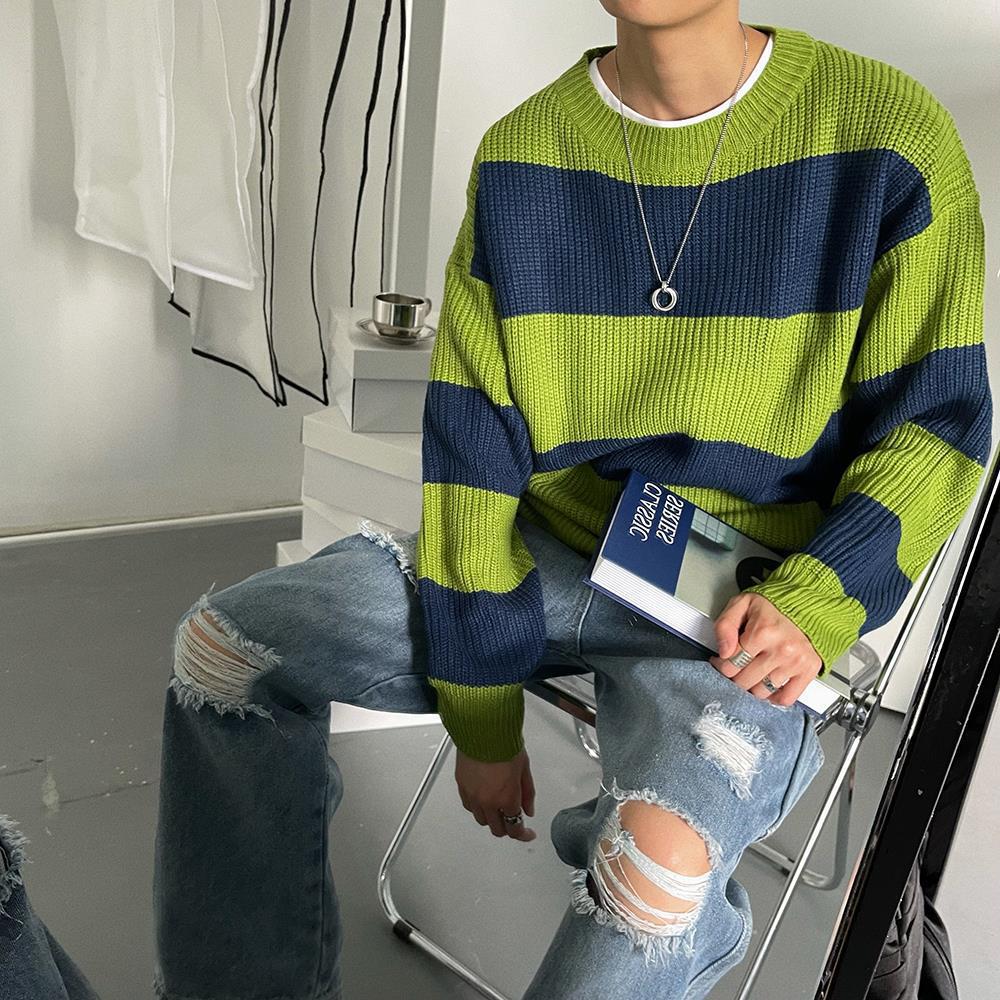 Striped Round Neck Men's Loose Autumn Winter Sweater