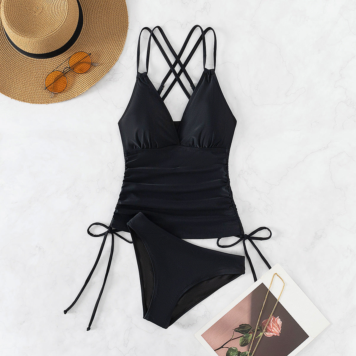 Fashionable Solid Color Camisole One-Piece Swimsuit