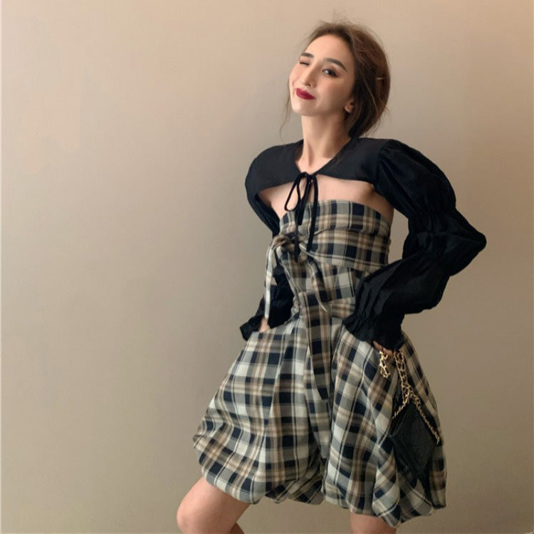Summer Sexy Plaid Bodysuit with Long Sleeve Cover-Up
