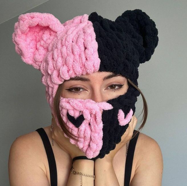 Handmade Knitted Bear Ear Wool Beanie with Color Design | Embroidered Cap