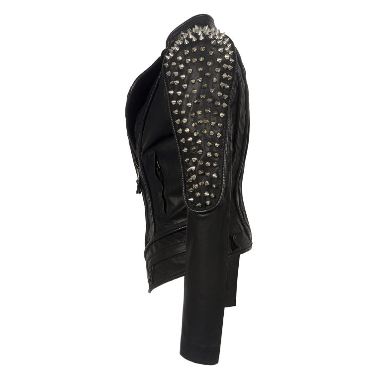 Short Motorcycle Leather Jacket for Women - Punk Style