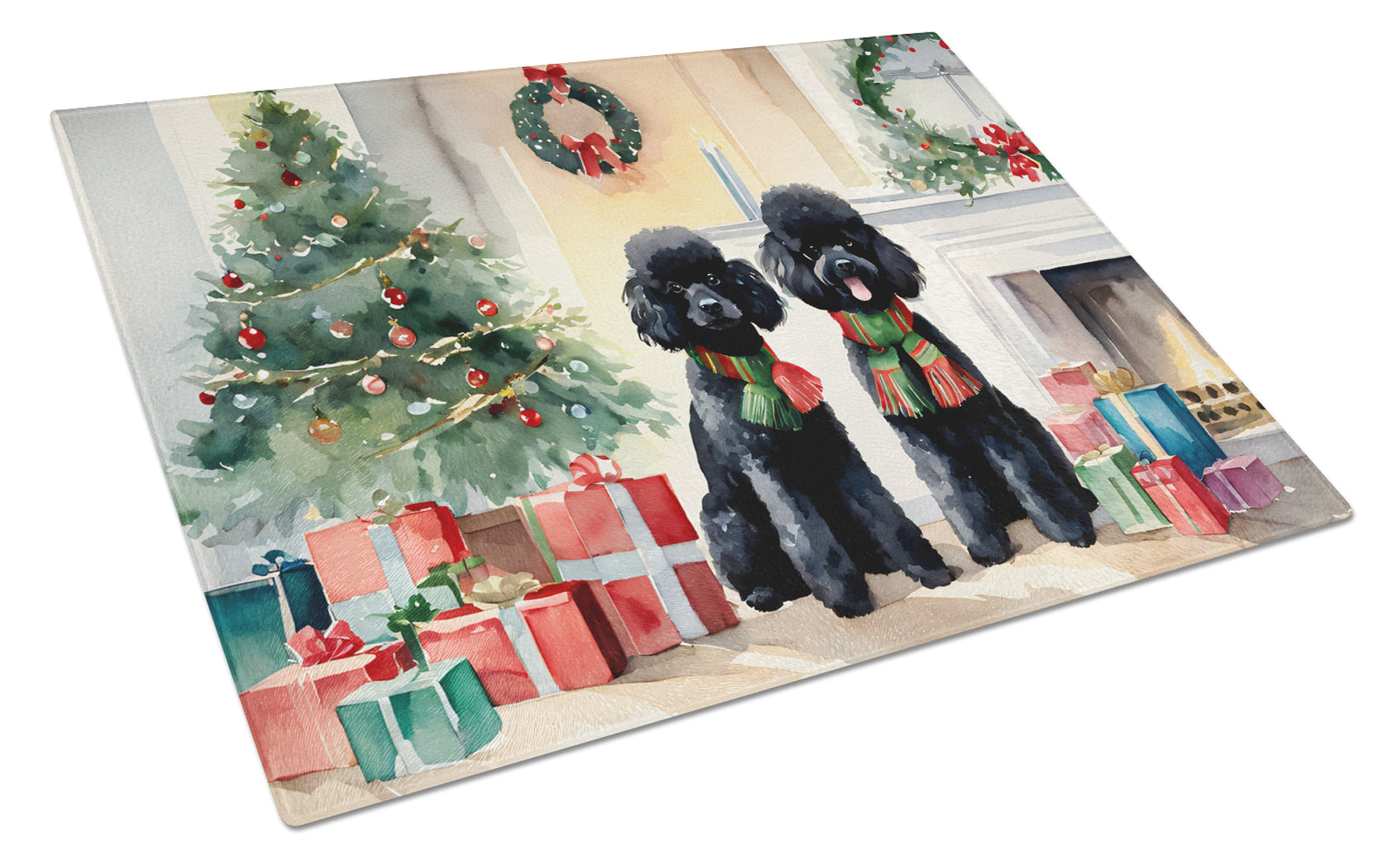 Poodle Cozy Christmas Glass Cutting Board