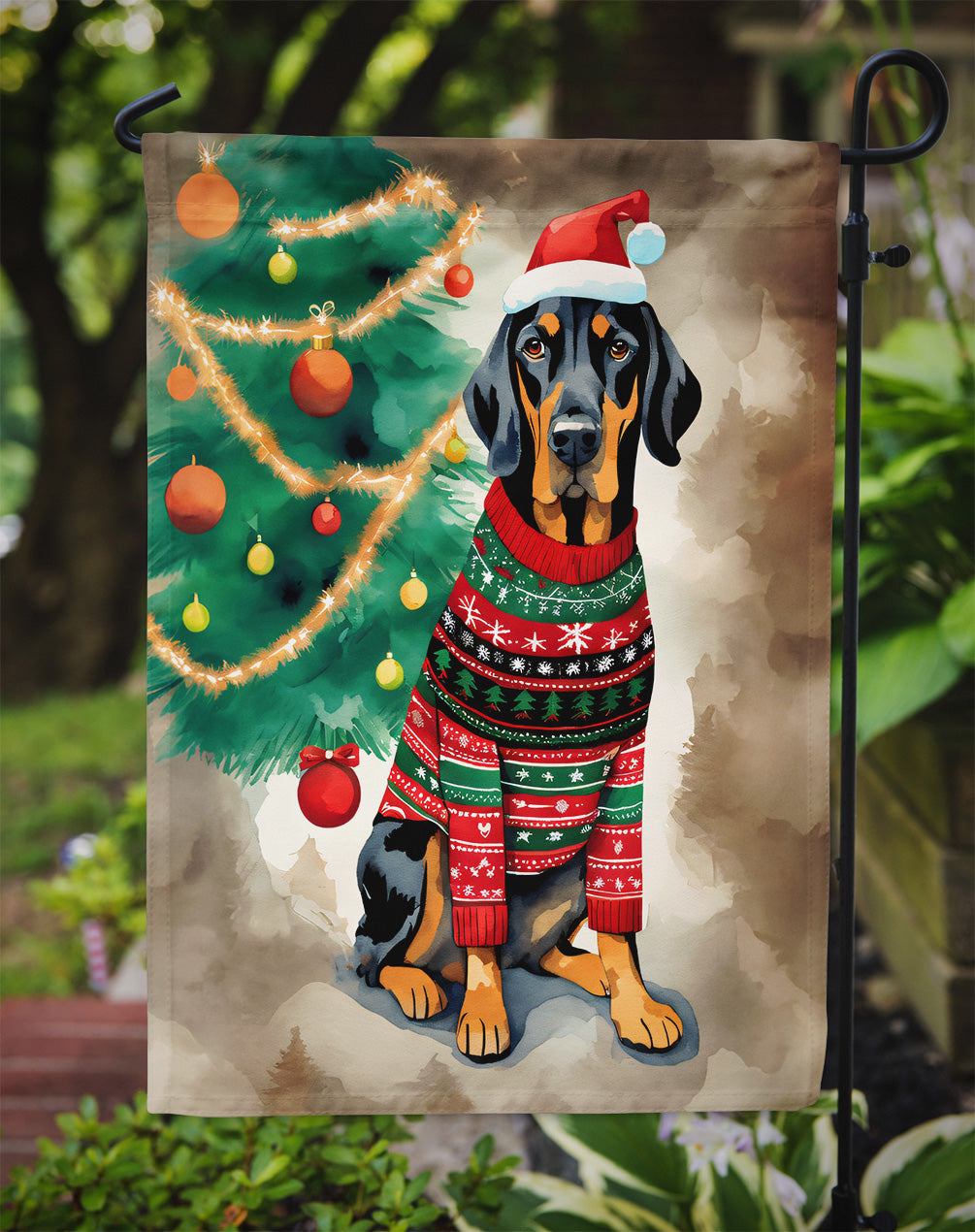Black and Tan Coonhound Christmas Garden Flag