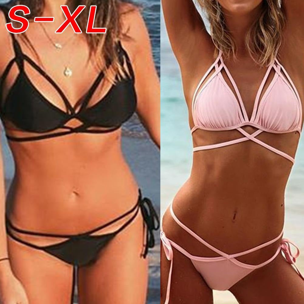 Pink Strappy Lace-Up Triangle Bikini Set