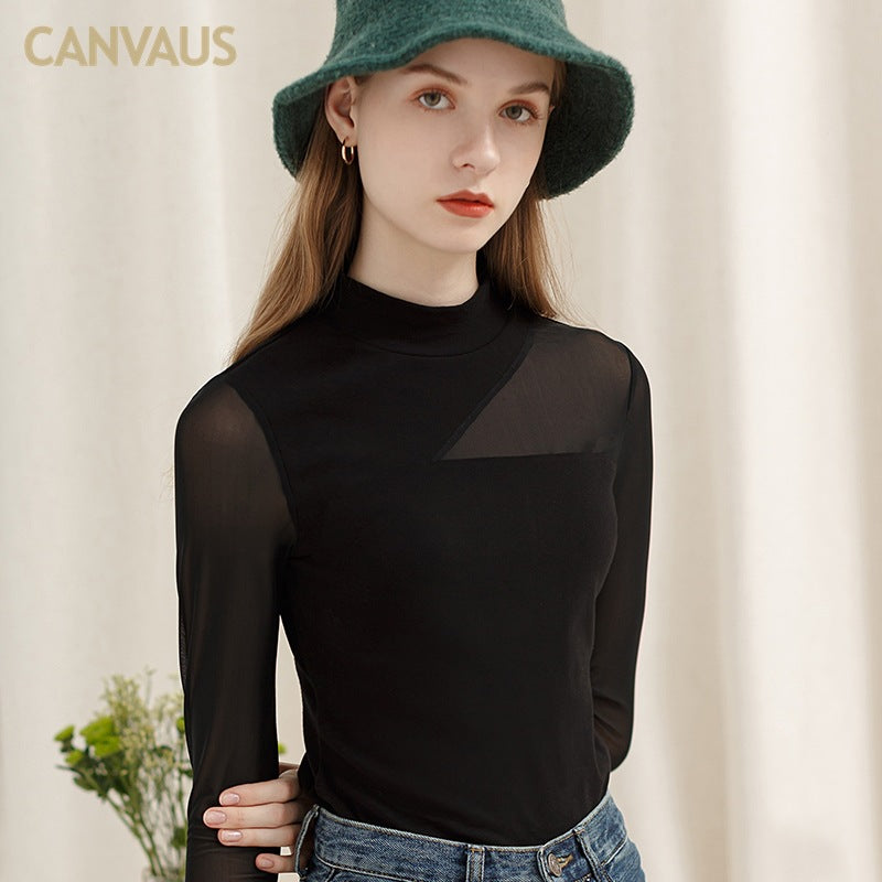 Spring Women's Sexy Mesh Turtleneck Bottoming Shirt