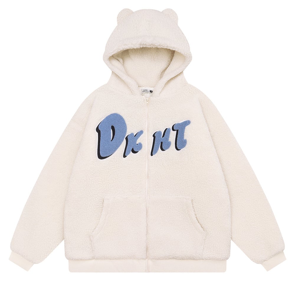 Embroidered Teddy Bear Ear Hooded Wool Coat | Streetwear