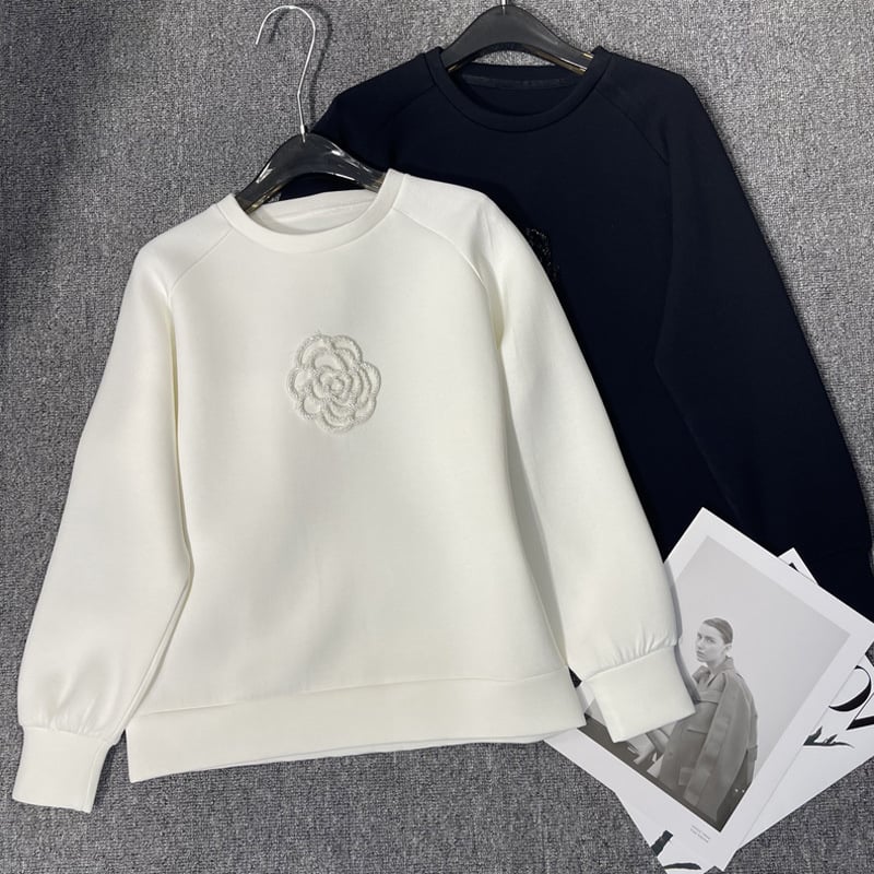 Beaded Camellia Round Neck Loose Sweater