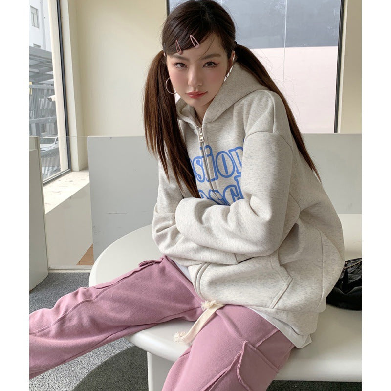 Velvet Women's Hooded Letter Sweater Cardigan Jacket