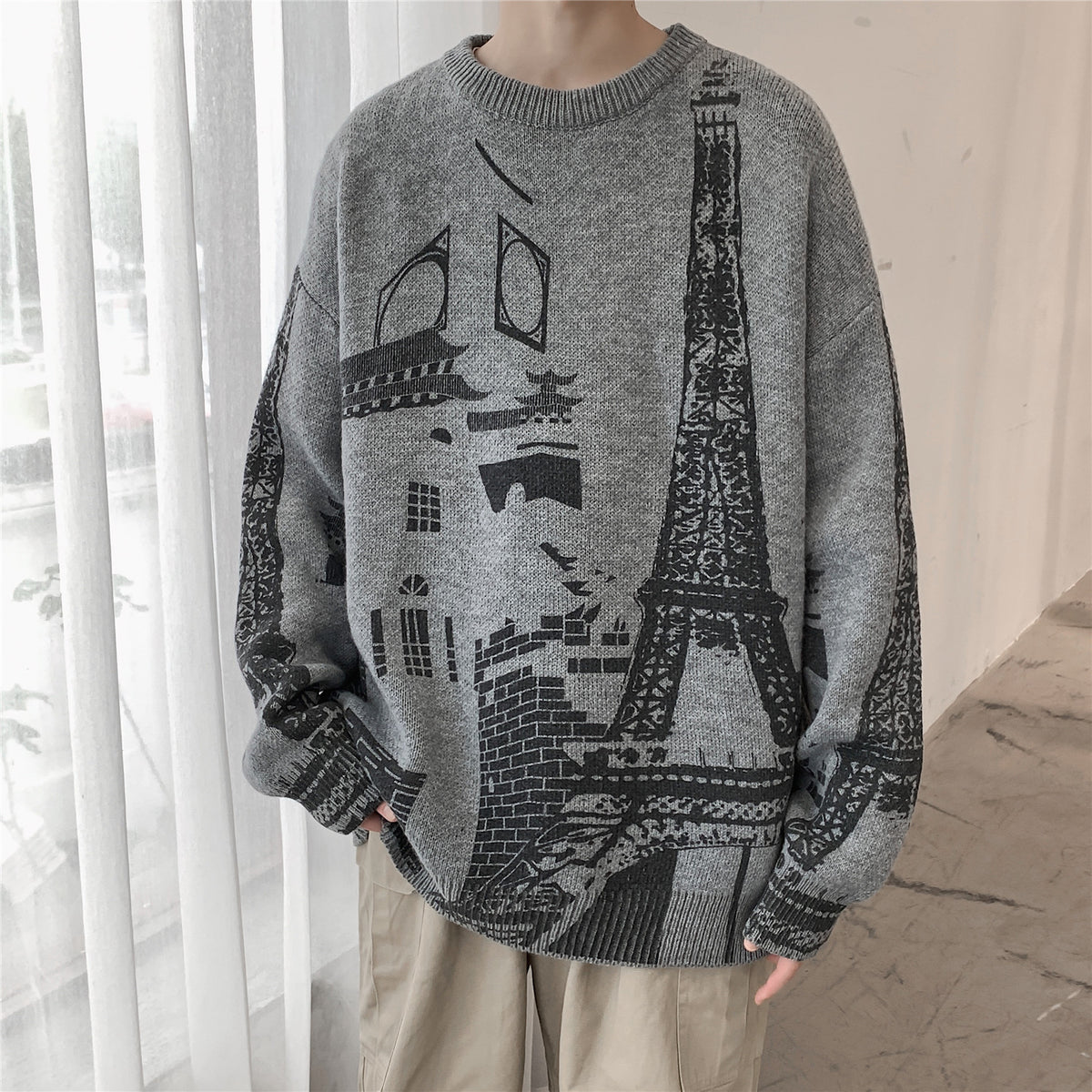 Men's Loose Round Neck Iron Tower Printed Sweater