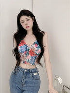 French Floral Contrast Slim Women's Camisole Top