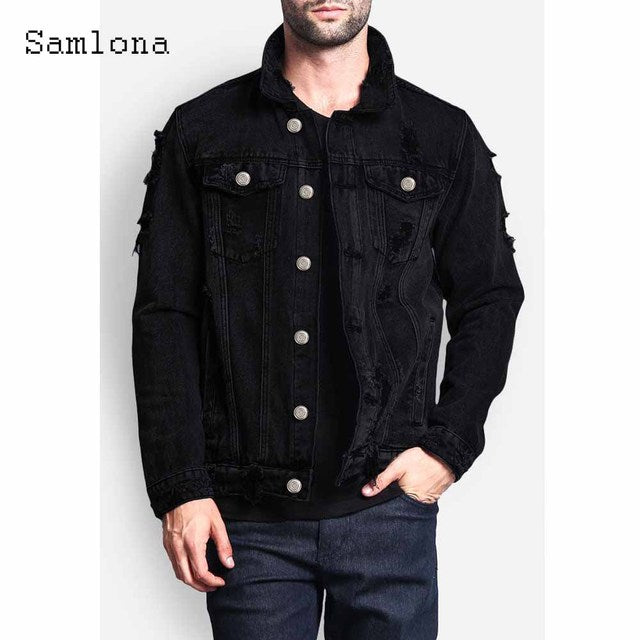 Men's Long Sleeve Ripped Denim Jacket for Casual Wear
