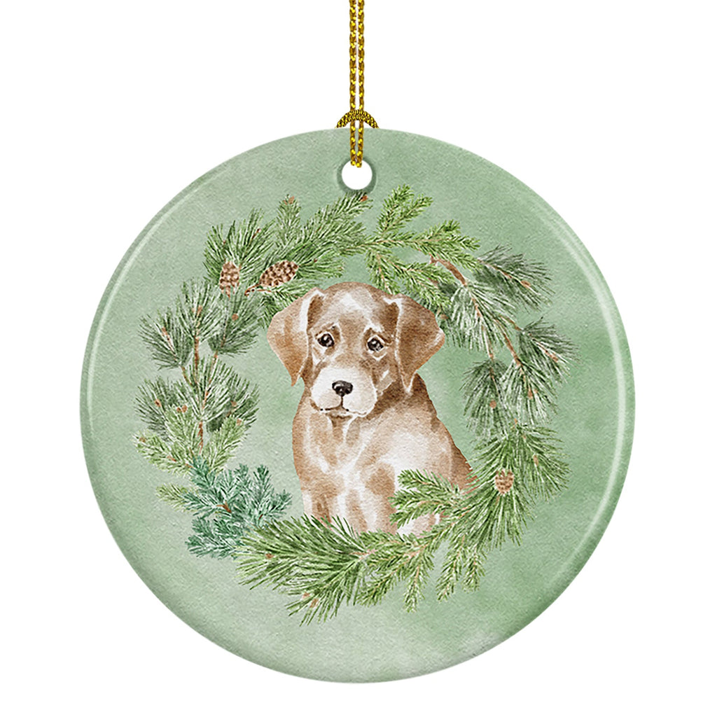 Labrador Retriever Puppy Yellow Christmas Wreath Ceramic Ornament