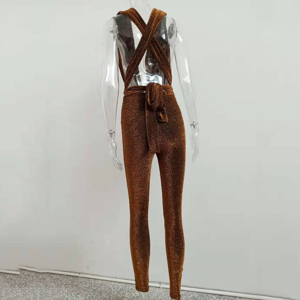 Women's Deep V Shiny Bodysuit with Backless Design