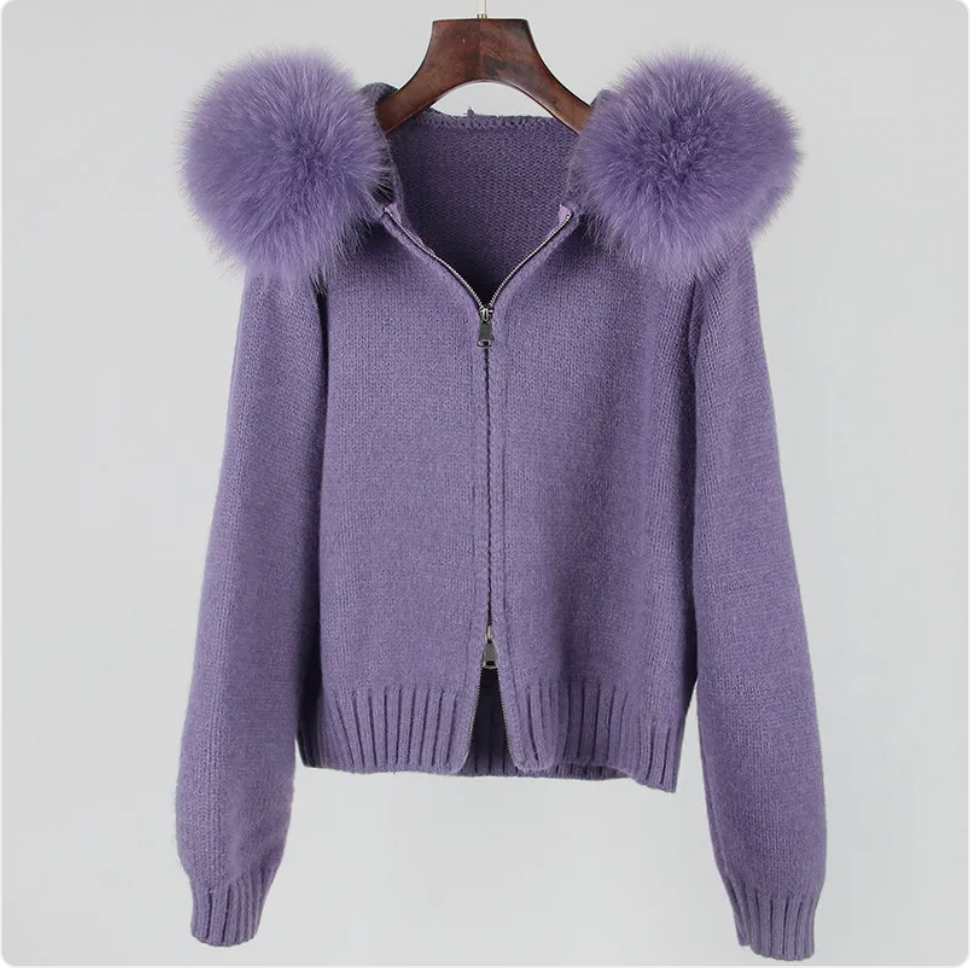 Hooded Sweater with Real Fox Fur Collar