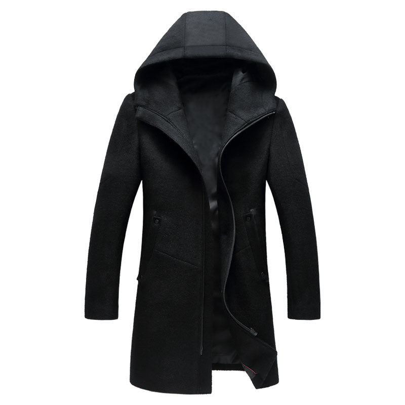 Men's Mid-Length Hooded Woolen Coat for Autumn/Winter
